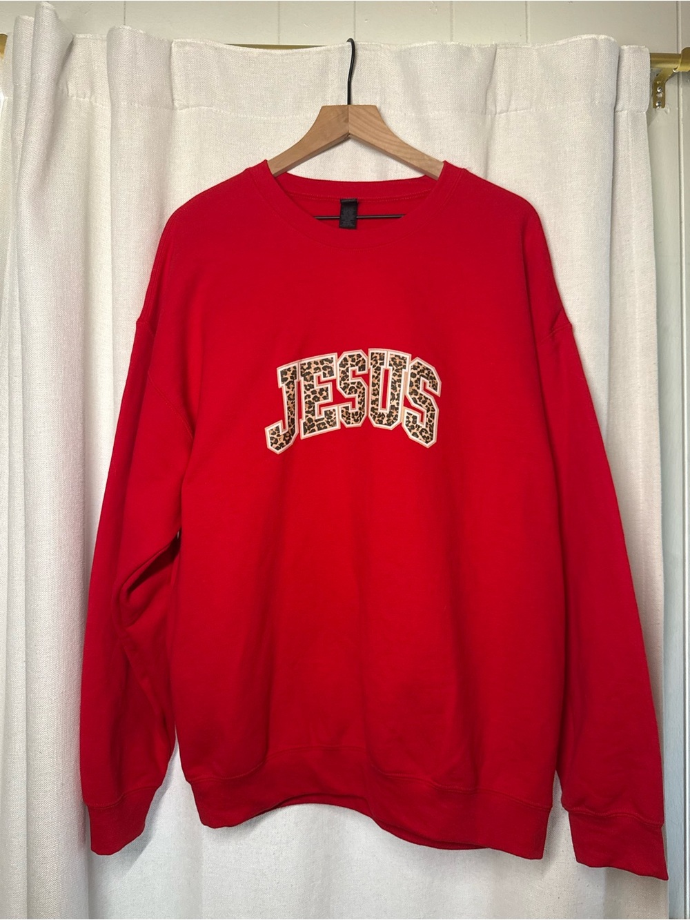 Gildan Red Crewneck Sweatshirt with Leopard 'JESUS' Graphic